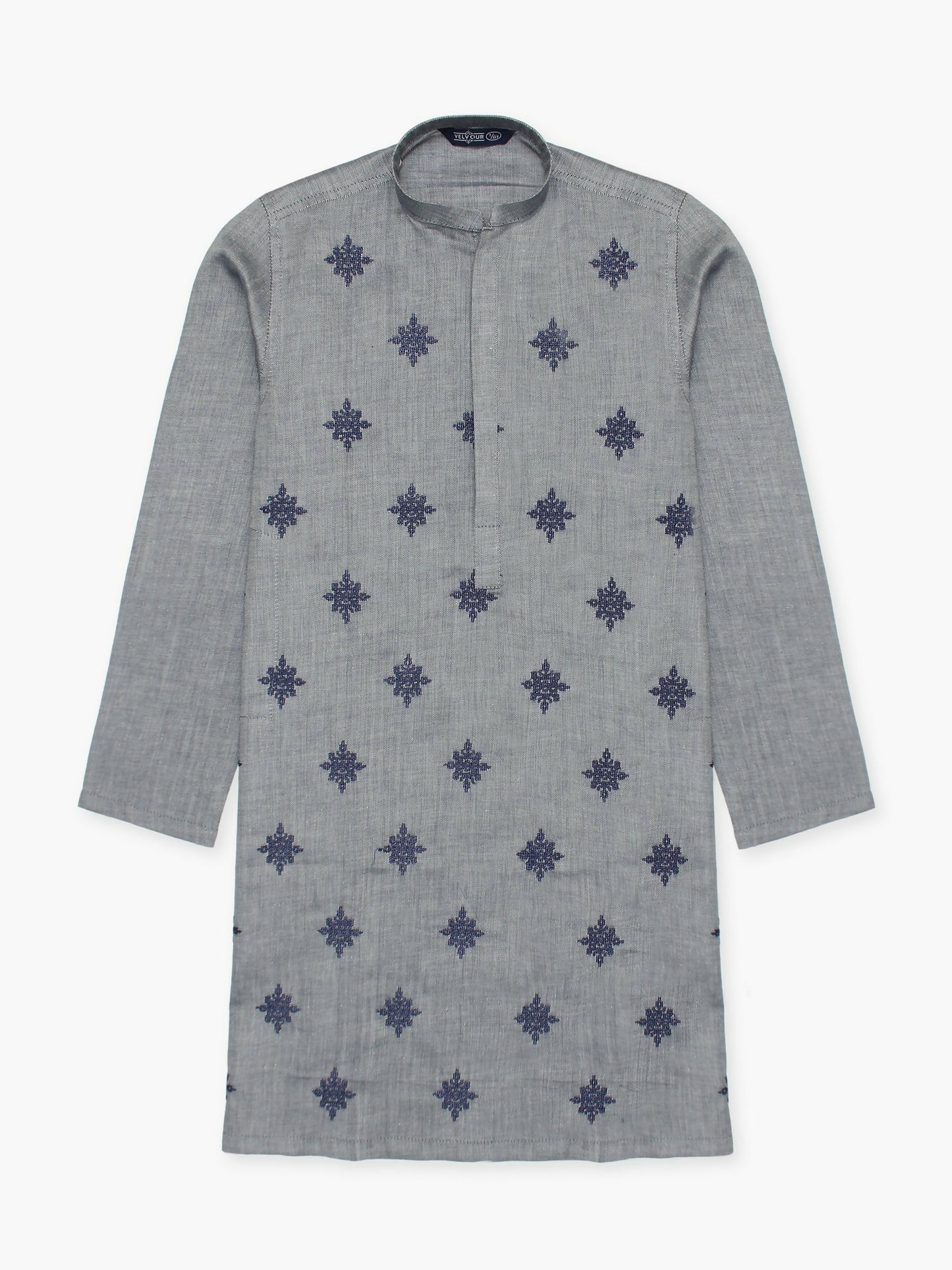 Boy wearing embroidered stitched cotton kurta with mandarin collar, full sleeves, and regular fit, ideal for traditional and festive occasions