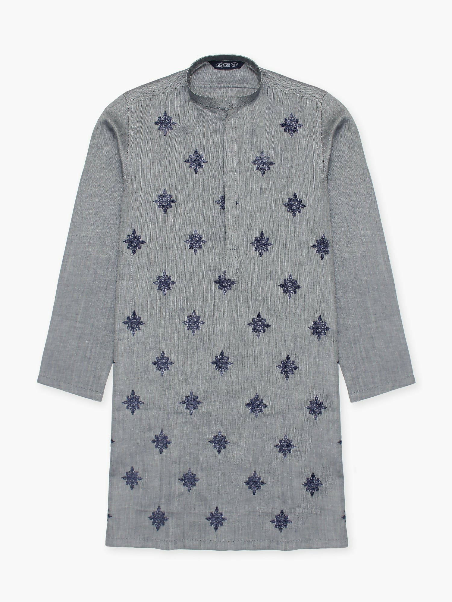 Boy wearing embroidered stitched cotton kurta with mandarin collar, full sleeves, and regular fit, ideal for traditional and festive occasions