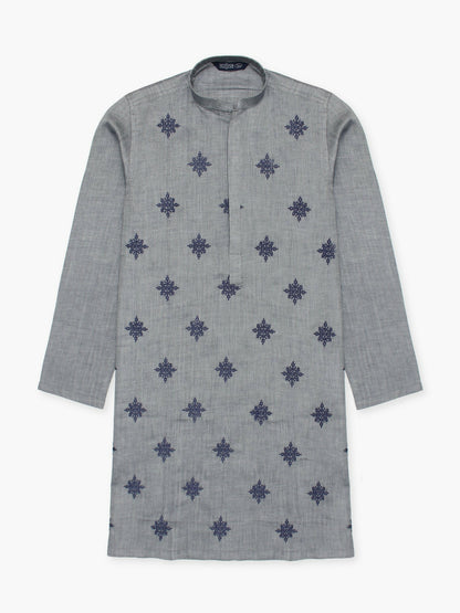 Boy wearing embroidered stitched cotton kurta with mandarin collar, full sleeves, and regular fit, ideal for traditional and festive occasions