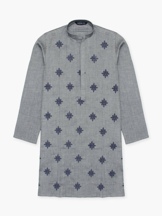Boy wearing embroidered stitched cotton kurta with mandarin collar, full sleeves, and regular fit, ideal for traditional and festive occasions
