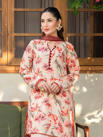 Panache Apparel Mah-e-Noor Rawsilk Printed Stitched Suit-Coral Blush