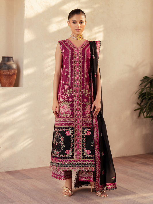 Unstitched 3-piece embroidered suit with embroidered lawn shirt, dupatta, and cotton trouser.
