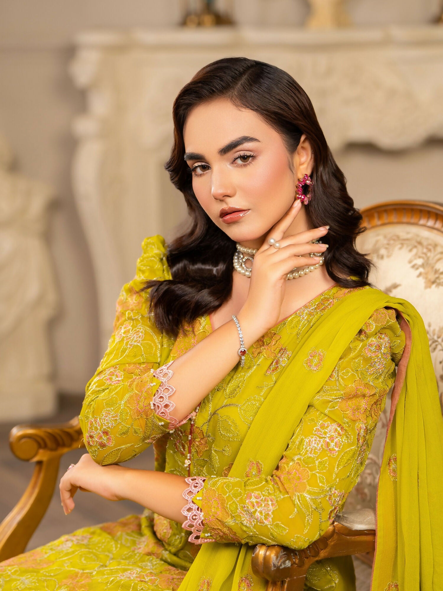 Hemstitch Chiffon Embroidered Stitched 3-Piece Suit-Parrot Green