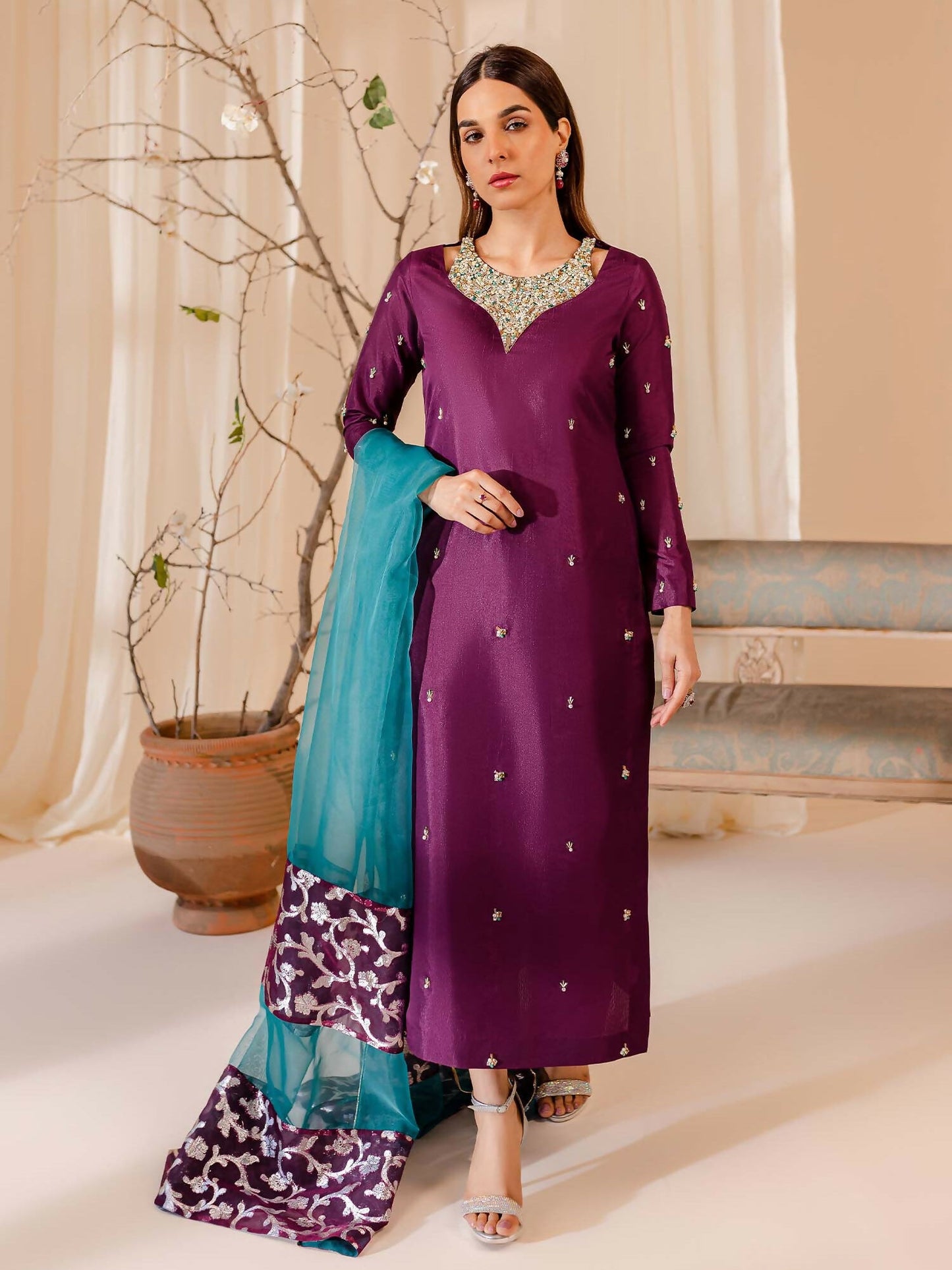 Allure By IH Raw Silk Embellished Stitched 3-Piece Suit-Twilight