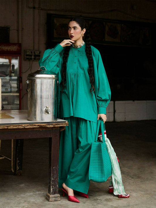 Jugnu by Hussain Rehar Cotton Embroidered Stitched 3-Piece Suit-Jade
