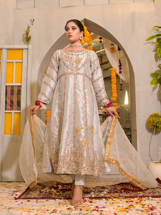 Ruby's Couture Poshak Plain Tissue Embellished Stitched 3-Piece Suit-Deewani