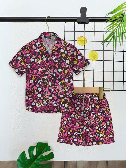 Pink and Purple Velvour Boys & Girls Printed Co-ord Set-VC11