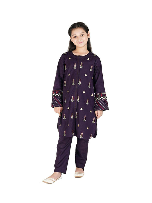 Dark Purple Velvour Girls Embroidred Co-ord Set-VG101-B