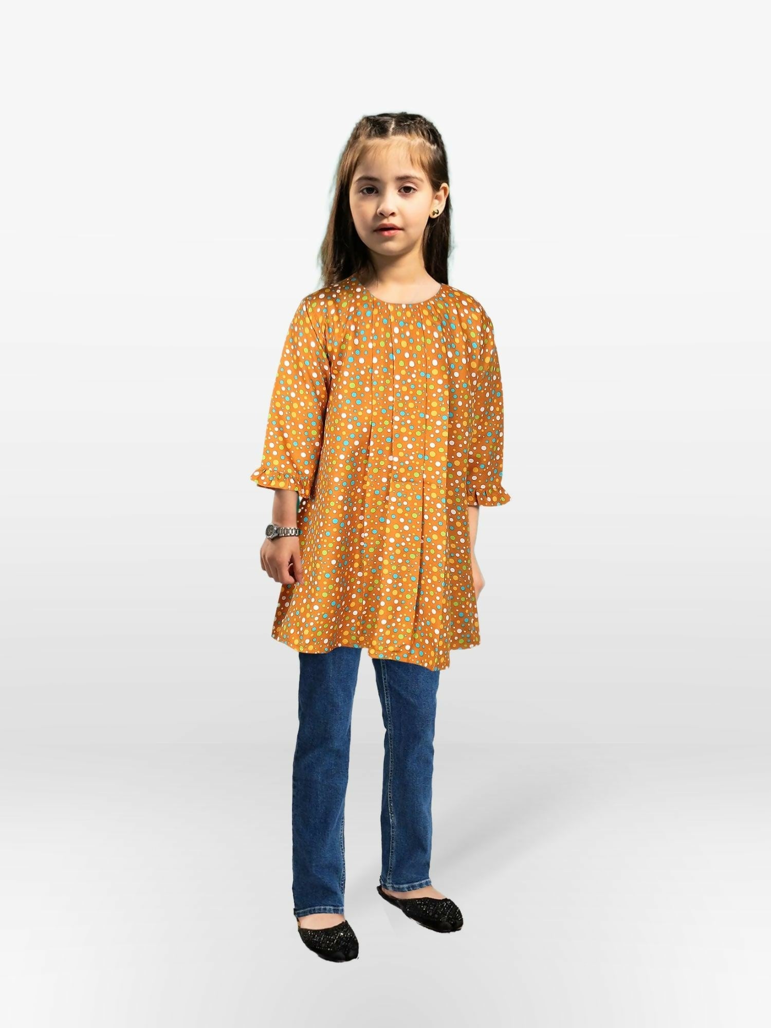 Deep Orange Velvour Girls Printed Stitched Tunic-VG92-A