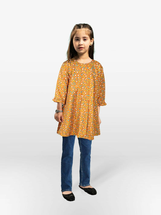 Deep Orange Velvour Girls Printed Stitched Tunic-VG92-A