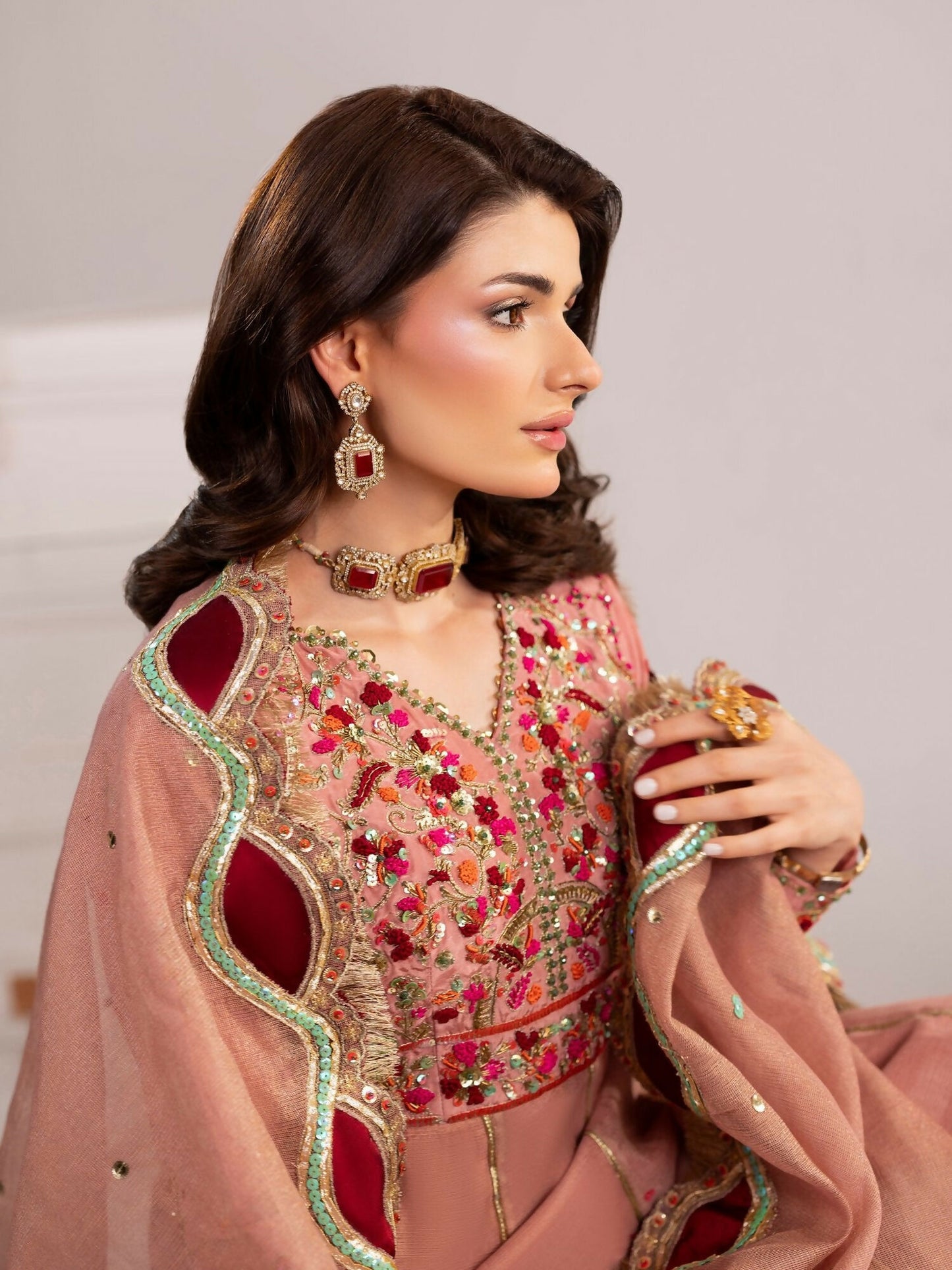 Shurooq Echoes In Bloom Silk Embellished Stitched 3-Piece Suit-Petal Veil