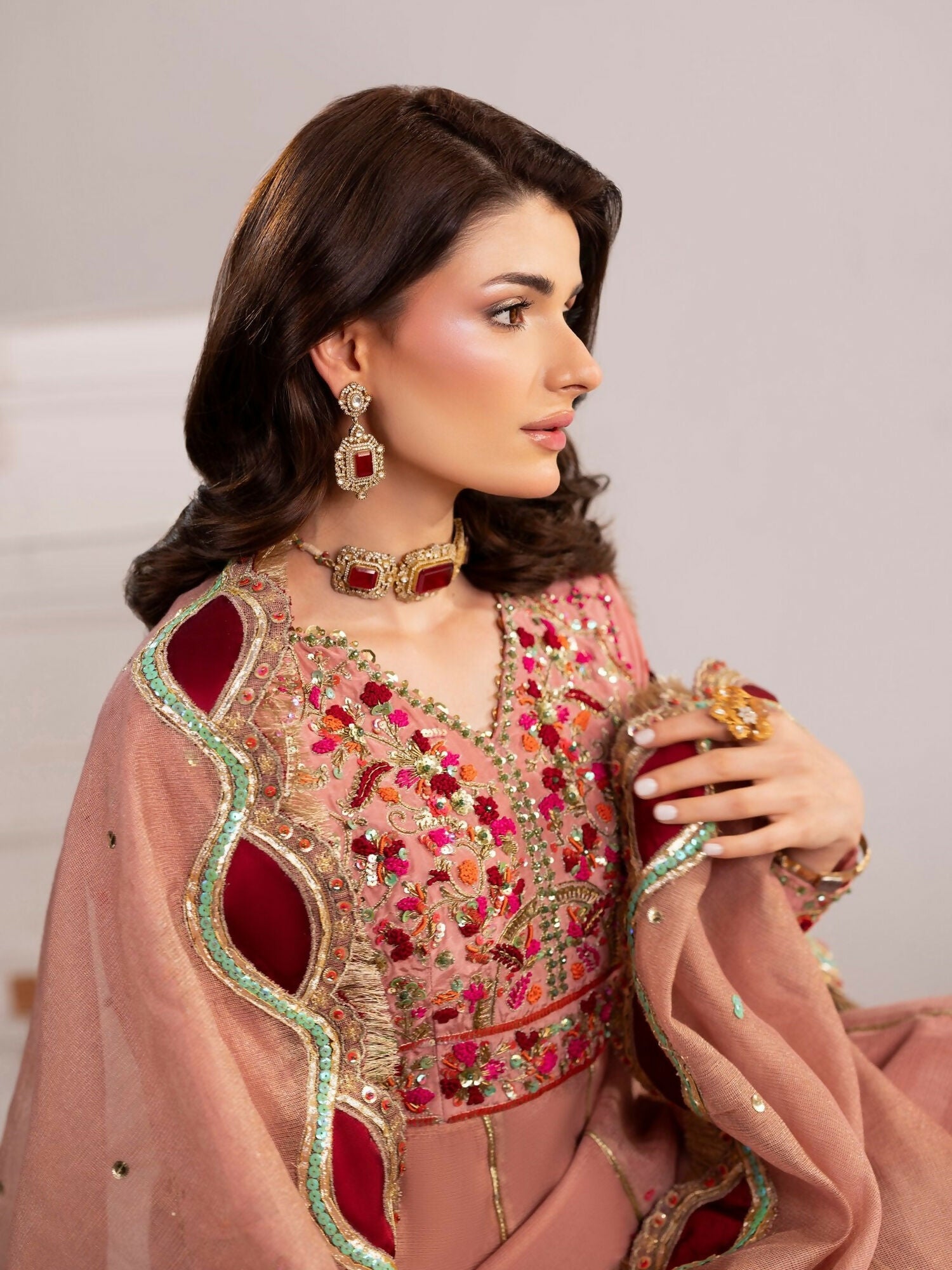 Shurooq Echoes In Bloom Silk Embellished Stitched 3-Piece Suit-Petal Veil