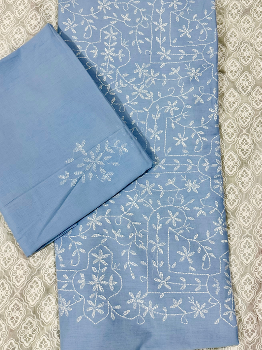 Fehm unstitched slate grey lawn 2-piece suit with all-over hand embroidery on the shirt and matching lawn dupatta featuring scattered hand embroidered boti motifs.