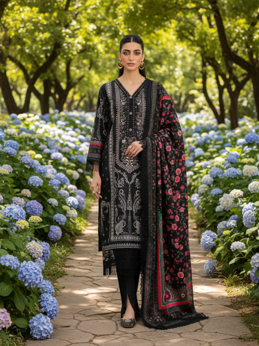 Mausummery Linen Printed Unstitched 3-Piece Suit-Noir