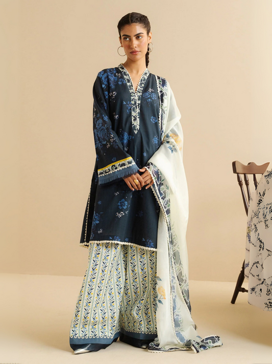 Unstitched 3-piece printed suit with floral lawn shirt, cambric trouser, and printed silk dupatta.