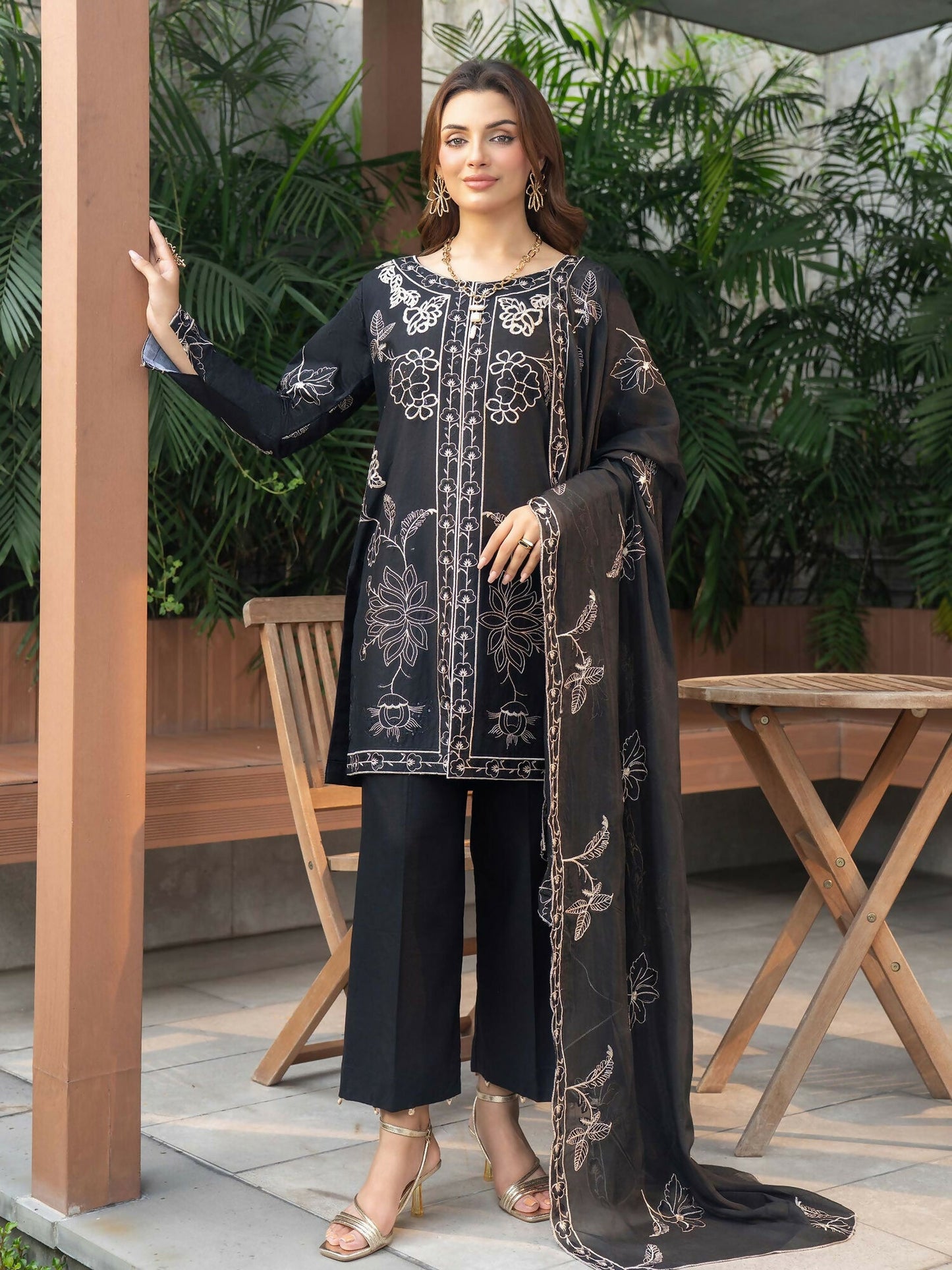 Panache Apparel Solid Story Cotton Lawn Embroidered Stitched Suit-Rhea
