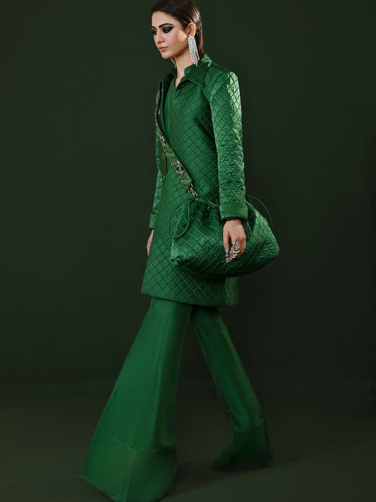 Emerald green quilted jacket outfit with ban-collar undershirt and palazzo silk pants by Hussain Rehar.