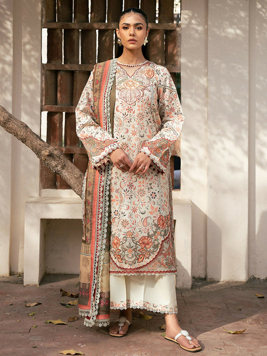 Creamy Beige Binilyas Hazel Printed Embroidered Lawn Unstitched 3-Piece Suit-2073 - A