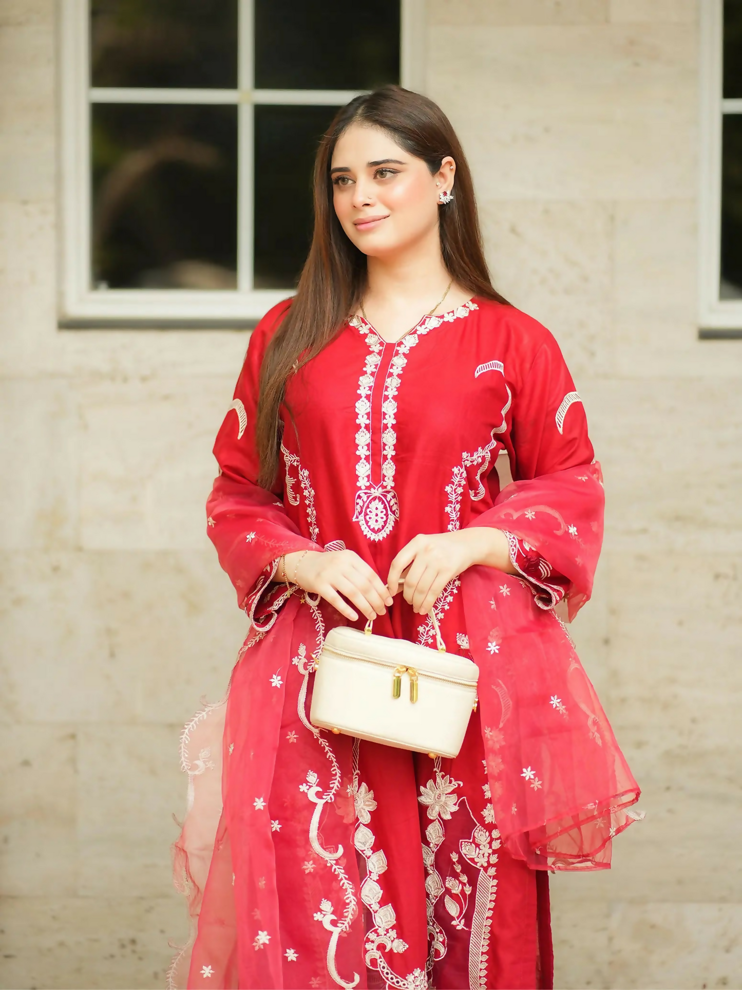Zeephire Cotton Embroidered Stitched 3-Piece Suit-Red Reverie