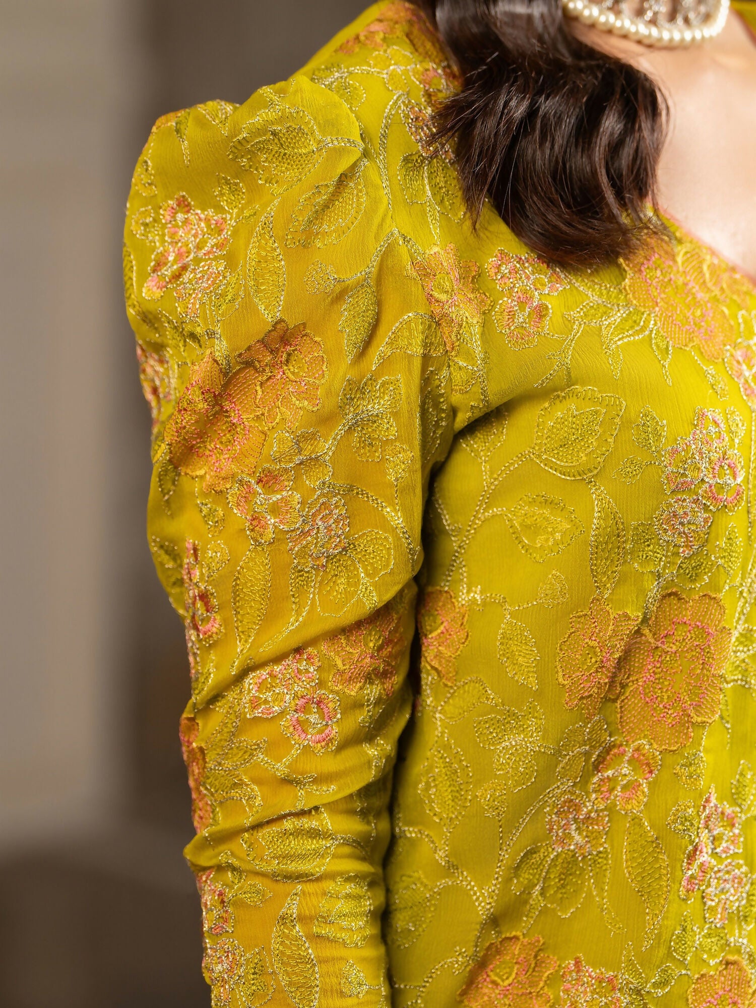 Hemstitch Chiffon Embroidered Stitched 3-Piece Suit-Parrot Green