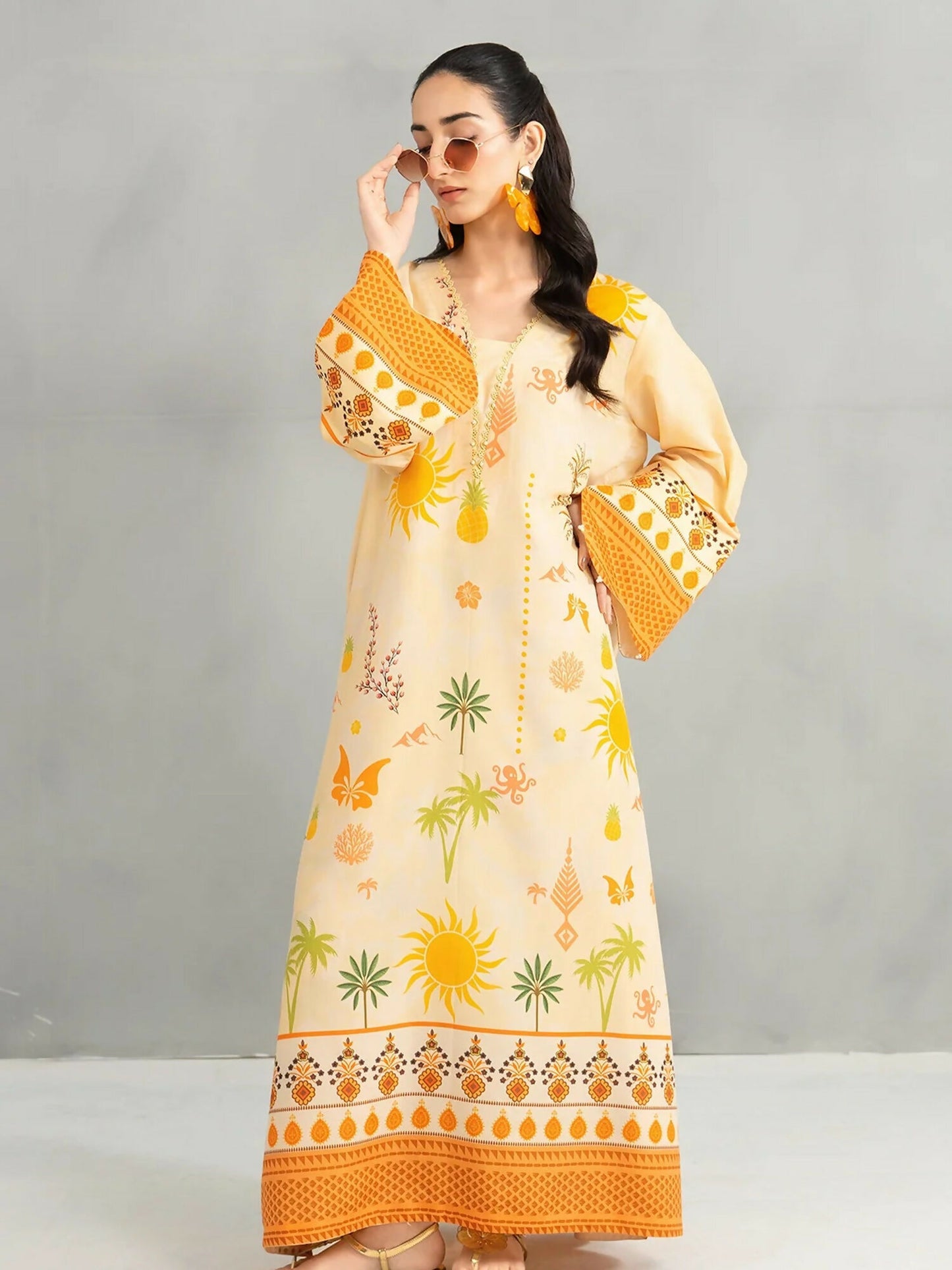 Panache Apparel Dear Summer Silk Lawn Printed Kaftan-Yellow Bloom
