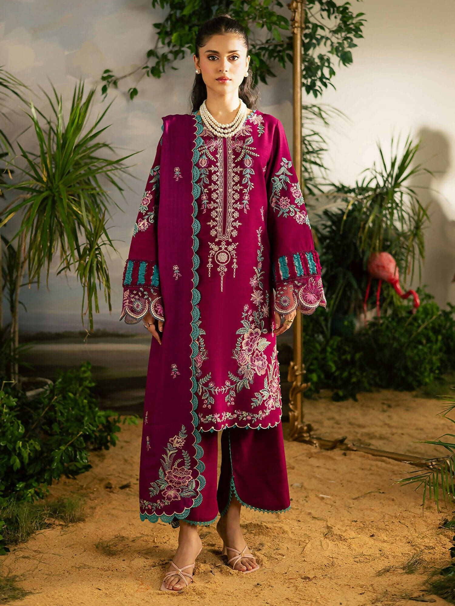 Mahnur Kaia Slub Linen Embroidered Unstitched 3-Piece Suit-K- 09