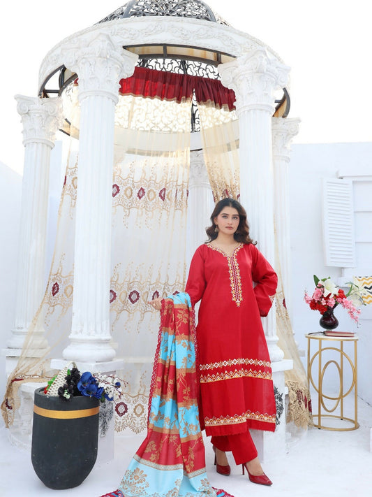 RB Pret & Couture Linen Embroidered Stitched 3-Piece Suit-05