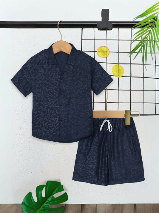 Navy Blue Velvour Boys & Girls Printed Co-ord Set-VC06