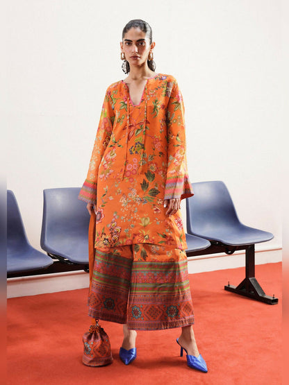 Orange Hussain Rehar Pay Day Volume - ||| Raw Silk Printed Stitched 2-Peice-Fiere