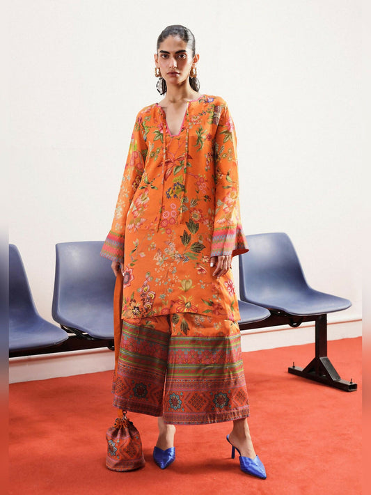 Orange Hussain Rehar Pay Day Volume - ||| Raw Silk Printed Stitched 2-Peice-Fiere