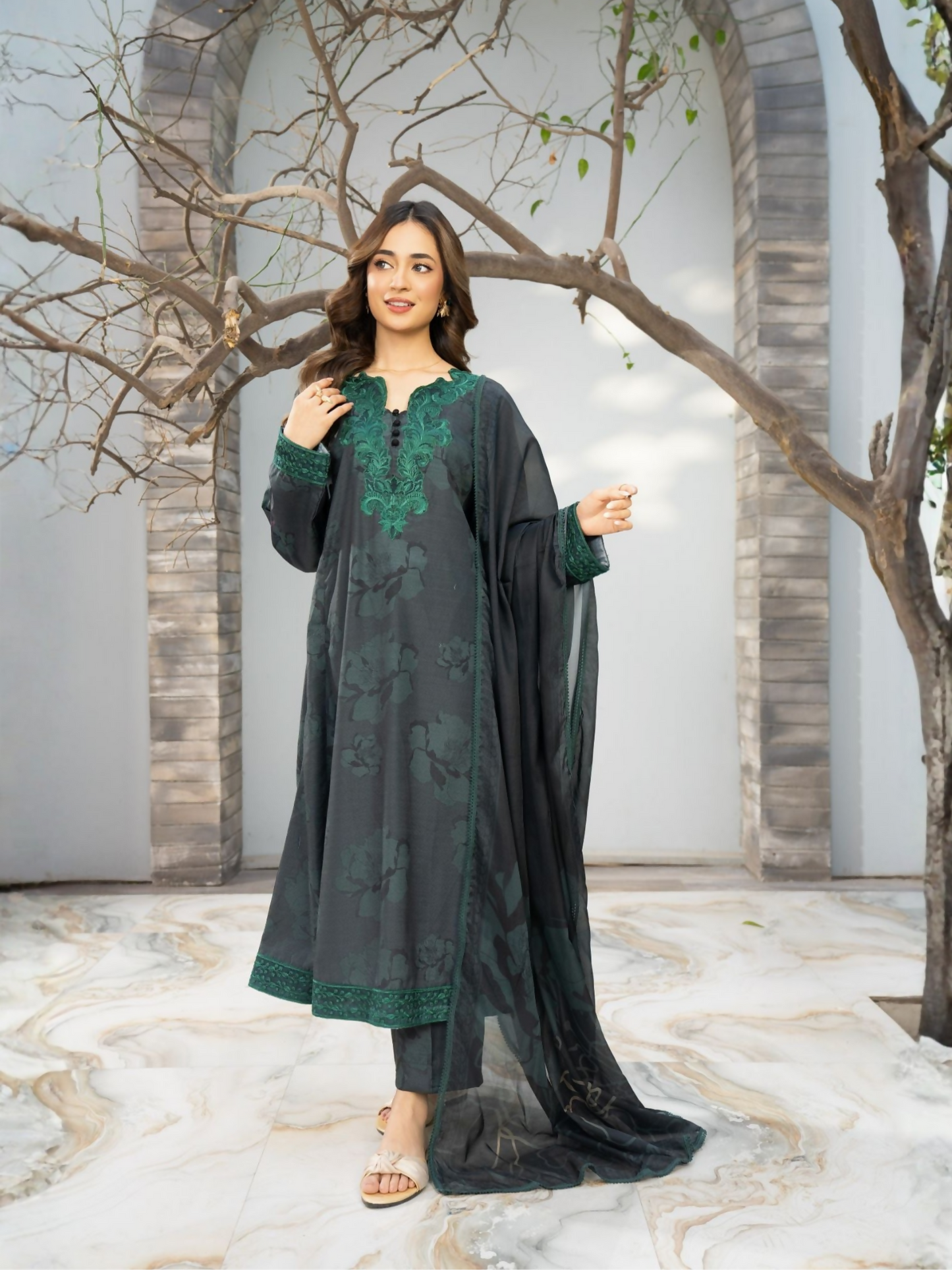 Panache Apparel Fiona SS'25 Cambric Embroidered Stitched Suit-Moss