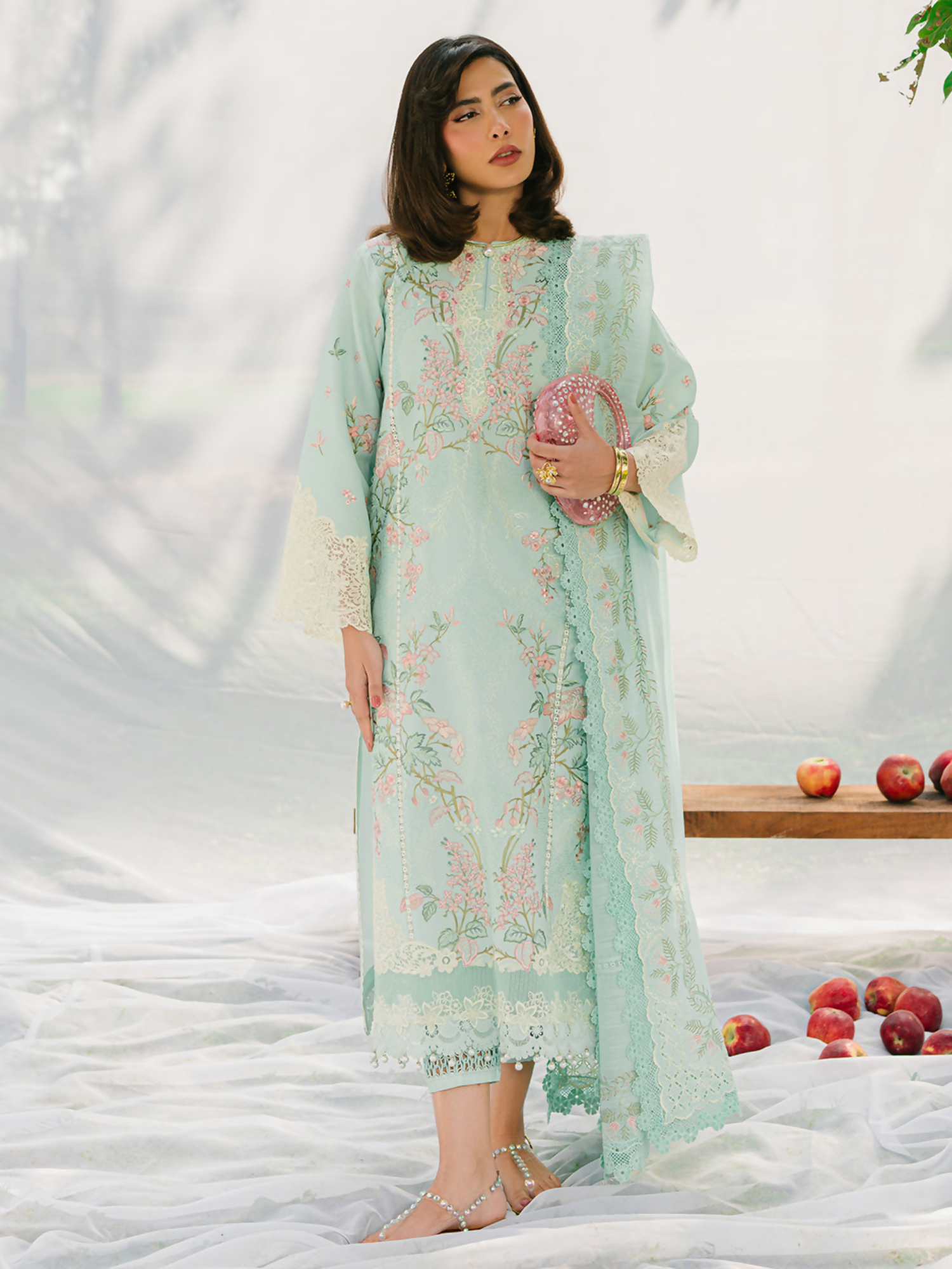 Three-panel embroidered lawn suit with organza daman lace and detailed dupatta, styled with cotton trouser.