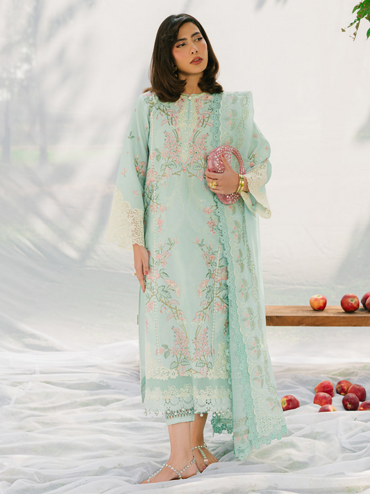 Three-panel embroidered lawn suit with organza daman lace and detailed dupatta, styled with cotton trouser.
