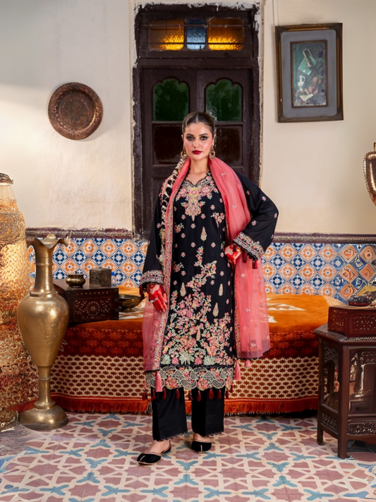 Fatima Hussain unstitched 3-piece suit with embroidered lawn shirt, embroidered cotton net dupatta, and dyed cotton trouser.