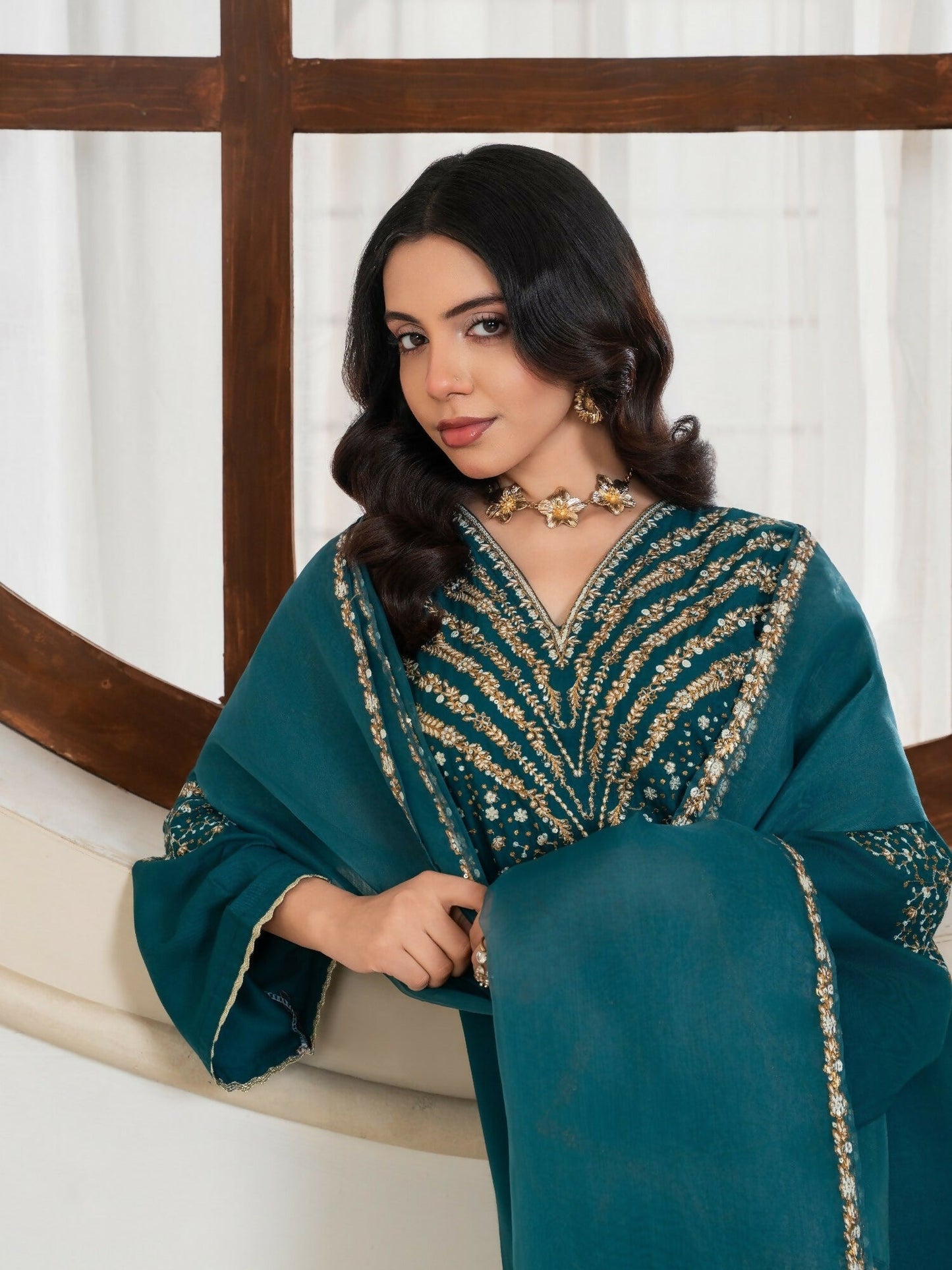 Stylish Collection Royal Pret Dhanak Linen Embroidered Stitched 3-Piece Suit-Jazmine Teal