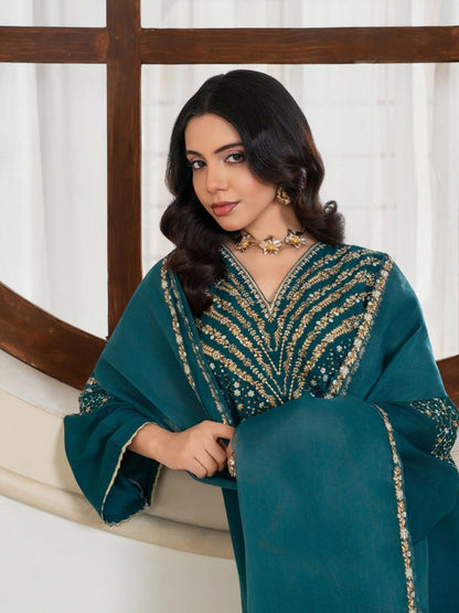 Stylish Collection Royal Pret Dhanak Linen Embroidered Stitched 3-Piece Suit-Jazmine Teal