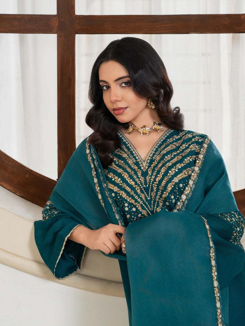 Stylish Collection Royal Pret Dhanak Linen Embroidered Stitched 3 Piece Suit Jazmine Teal