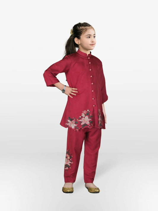 Maroon Velvour Girls Embroidered Stitched 2-Piece Suit-VG78-B