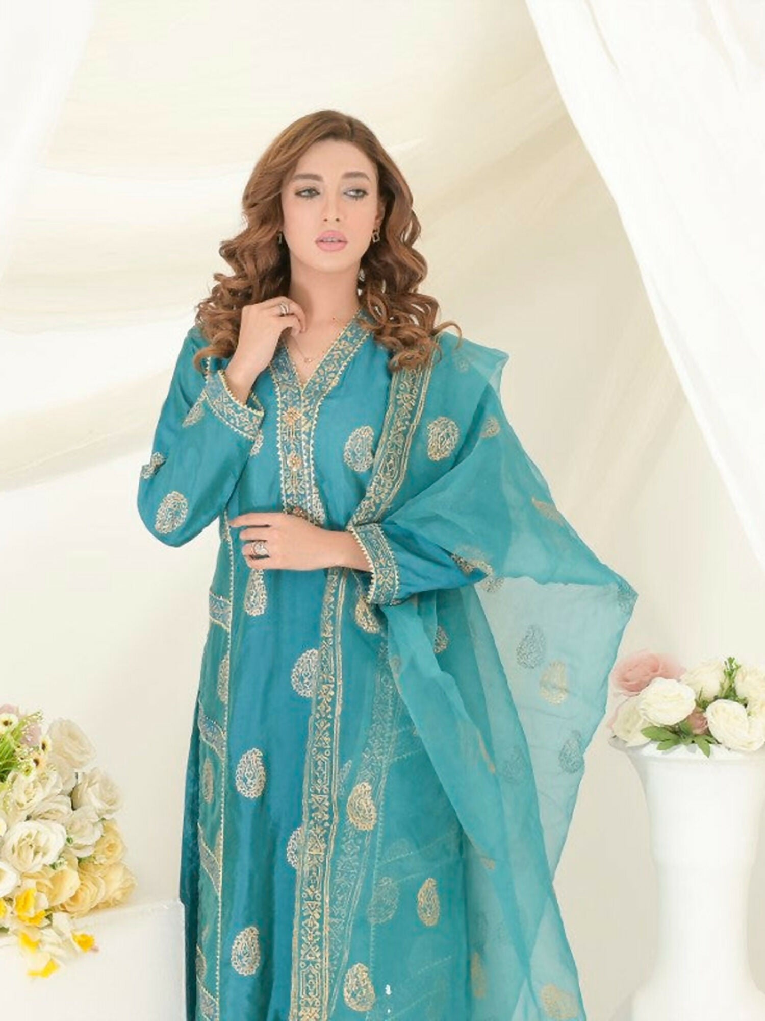 Ruby's Couture Gul-Bahar Silk Printed Stitched 3-Piece Suit-Maleena