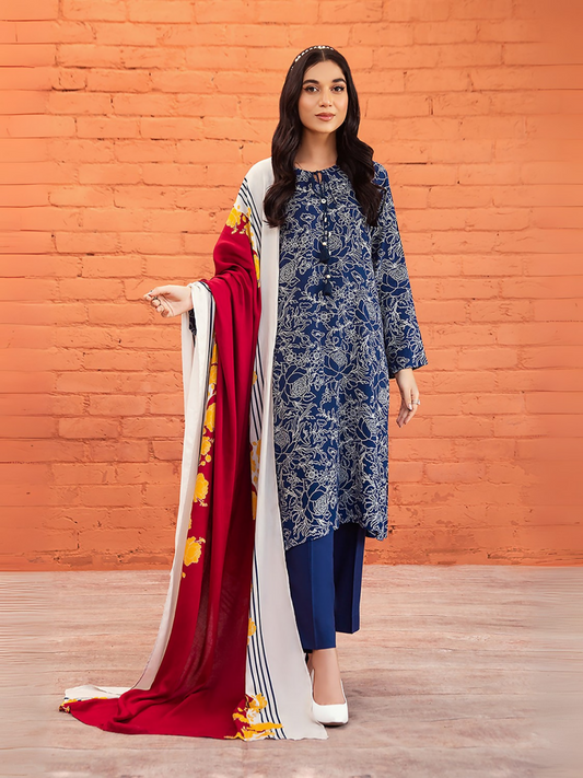 Nishat unstitched 3-piece linen suit featuring color blocking and allover floral silhouette prints with matching dupatta and trouser.