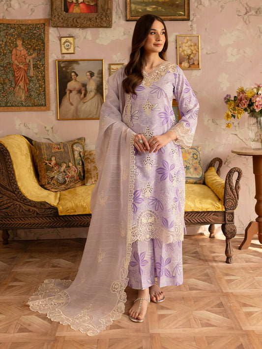 Unstitched 3-piece lawn suit from Mahnur Leila Printkari Edit with embroidered shirt, embroidered dupatta, and printed trouser.