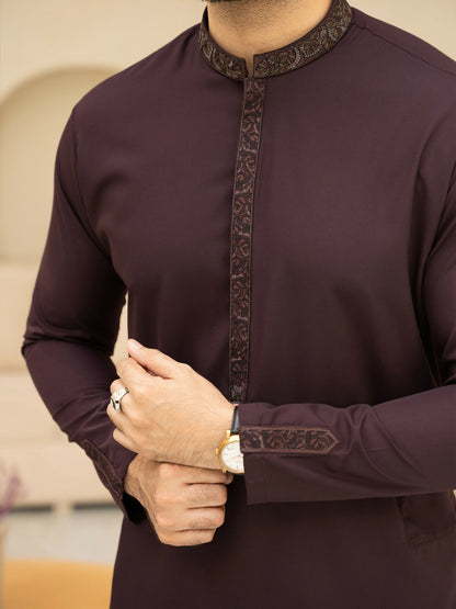 Fabrich Men Wash & Wear Embroidered Unstitched Shalwar Kameez-Maroon Oak