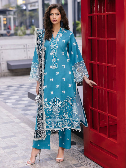 Unstitched 3-piece suit from Mahnur Broadway Luxury Lawn featuring a printed lawn shirt with embroidered neck pati, daman, and borders, embroidered dupatta, and printed trouser.