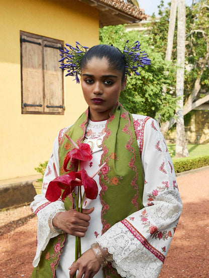 Navya by Hussain Rehar cotton scarf in green, embroidered with multicolor cross-stitch motifs and finished with playful tassels. A timeless accessory blending tradition with contemporary elegance.
