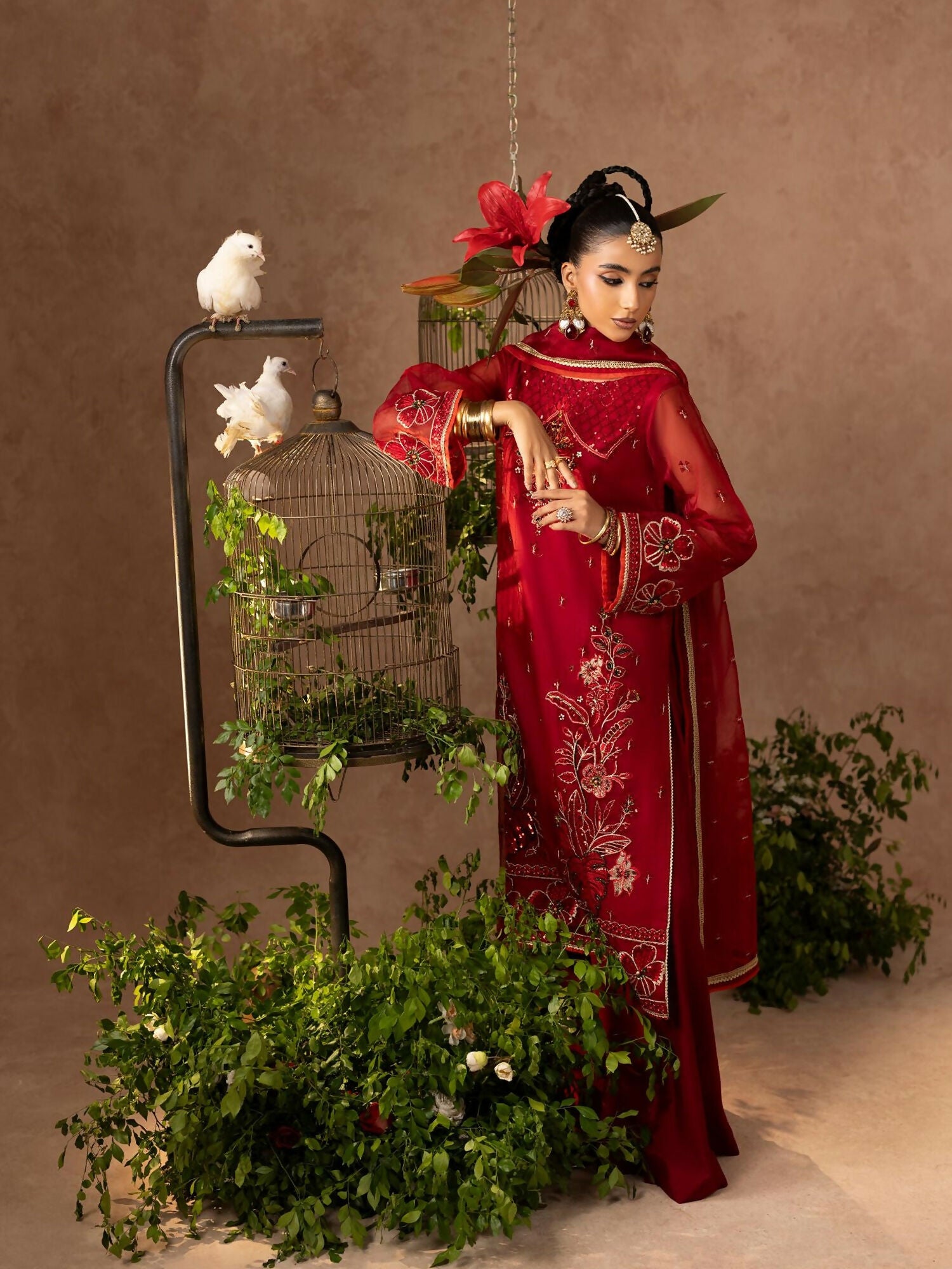 Shurooq Geet Organza Embroidered Stitched 3-Piece Suit-Mahia