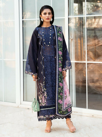 Unstitched 3-piece suit featuring intricate embroidery, printed silk dupatta, and dyed cotton trouser