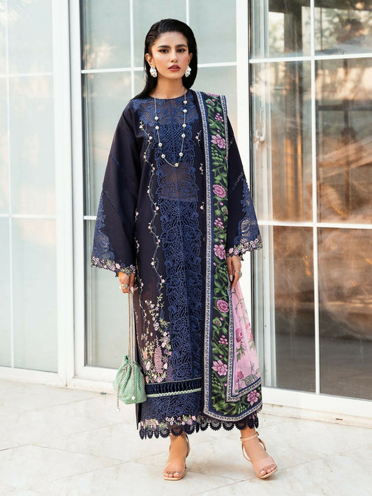Unstitched 3-piece suit featuring intricate embroidery, printed silk dupatta, and dyed cotton trouser