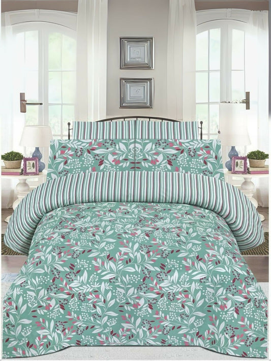 Danier 6pcs comforter set in mint green with leafy pattern – includes comforter, bedsheet, and four pillow covers.