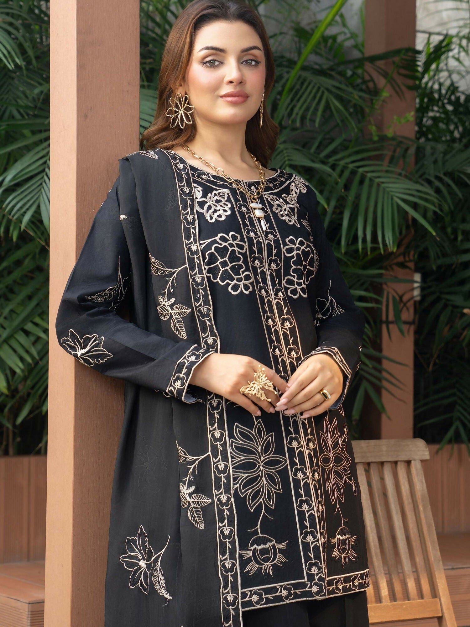Panache Apparel Solid Story Cotton Lawn Embroidered Stitched Suit-Rhea