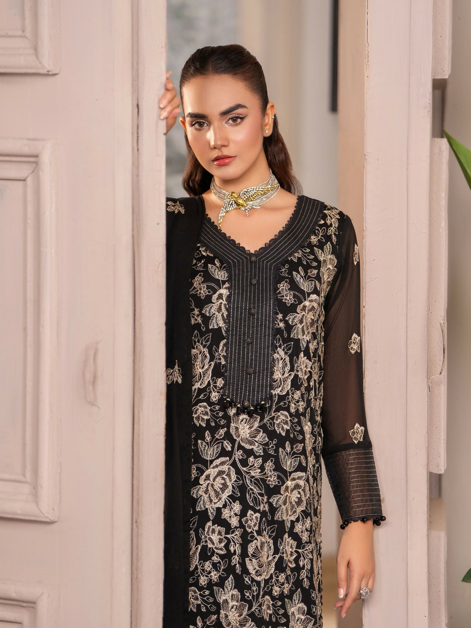 Hemstitch Chiffon Embroidered Stitched 3-Piece Suit-Leia